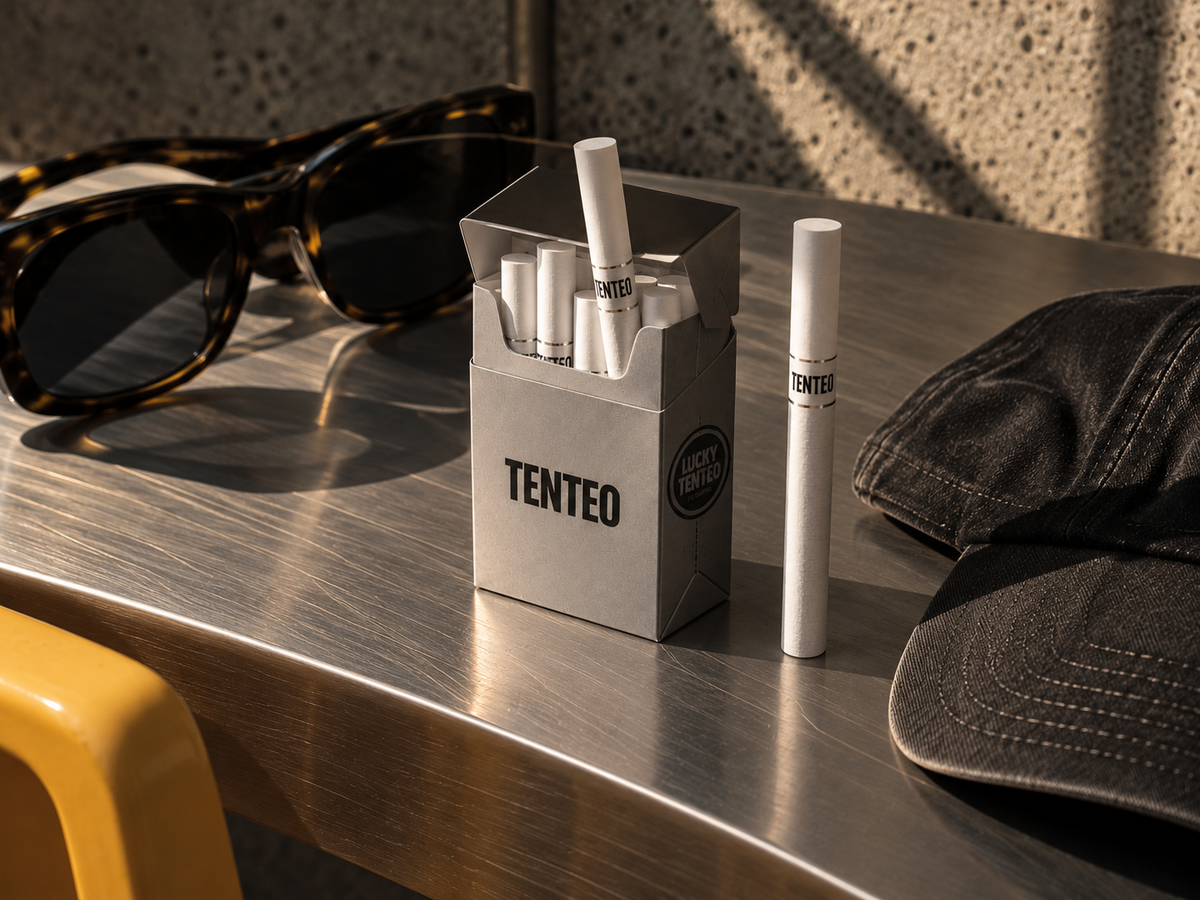 Caja TENTEO junto a gafas y gorra